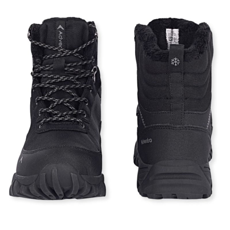Black Adventra men's waterproof hiking boots with sturdy soles and padded ankle support, designed for outdoor adventures.