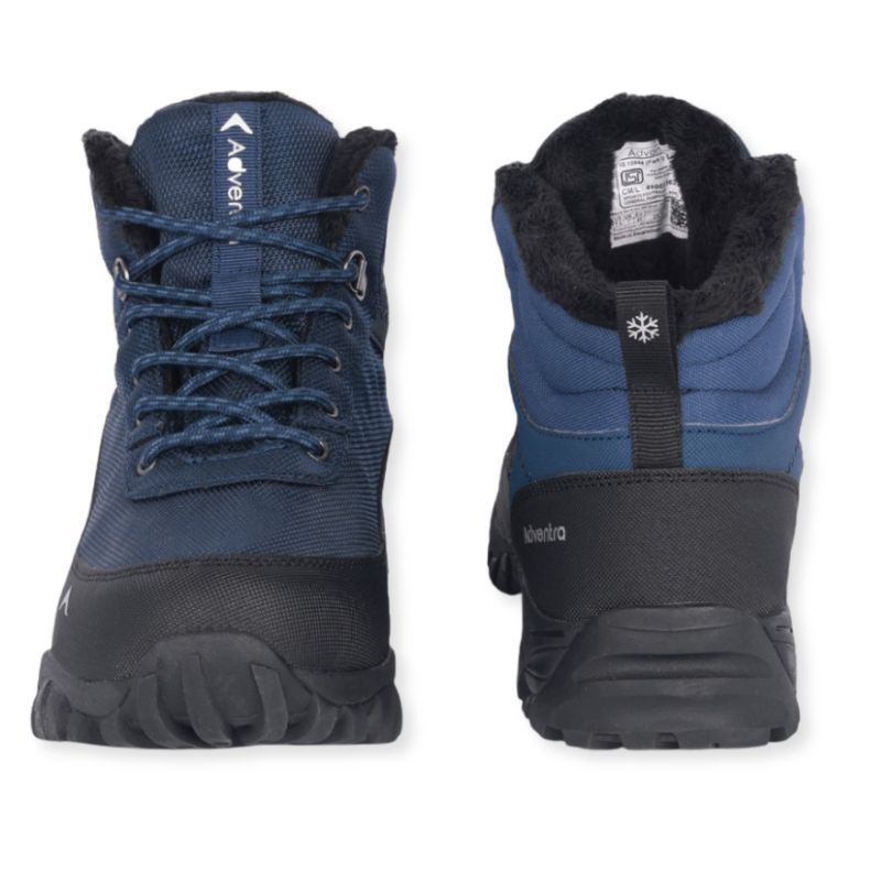 Adventra men's waterproof hiking shoes in blue featuring sturdy soles and padded ankle support for outdoor trekking.