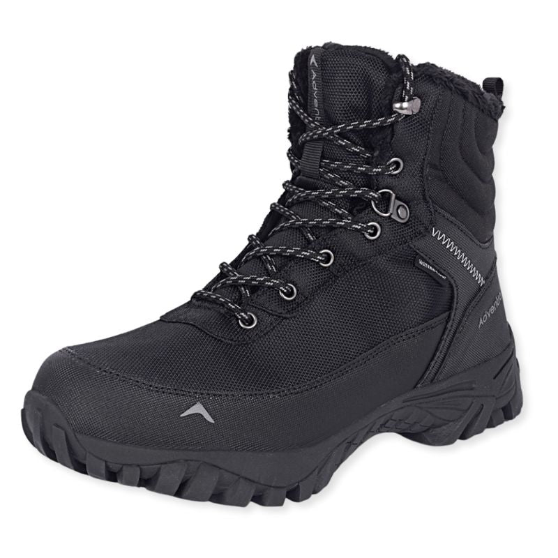 Black Adventra men's waterproof hiking shoes with sturdy soles and padded ankle support, designed for outdoor trekking.