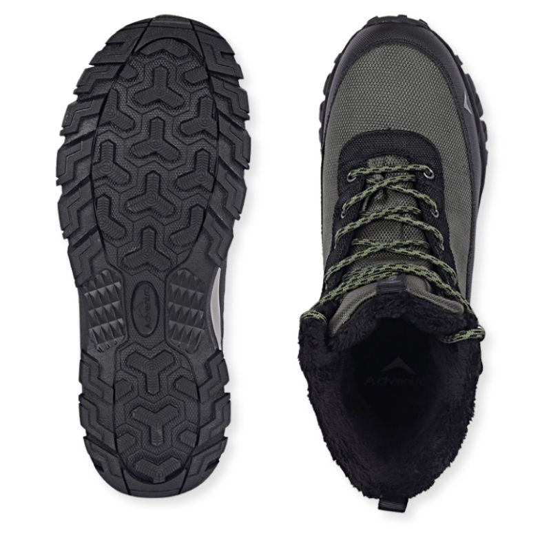 Adventra men's waterproof hiking boots in green with sturdy soles, designed for outdoor trekking and all-weather durability.