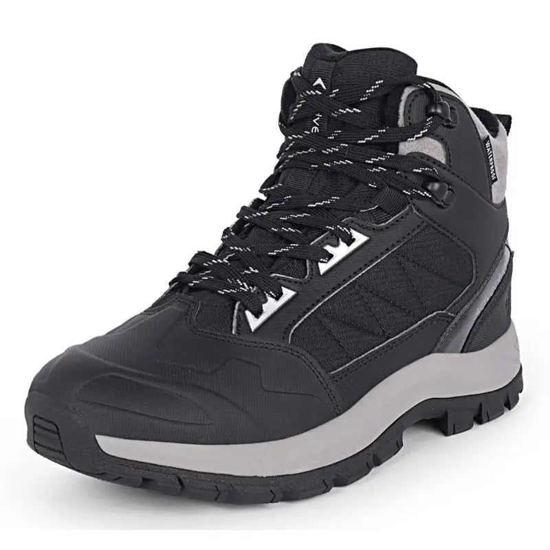 Adventra men's waterproof hiking mid-ankle shoes in black with sturdy sole and padded collar for outdoor trekking.
