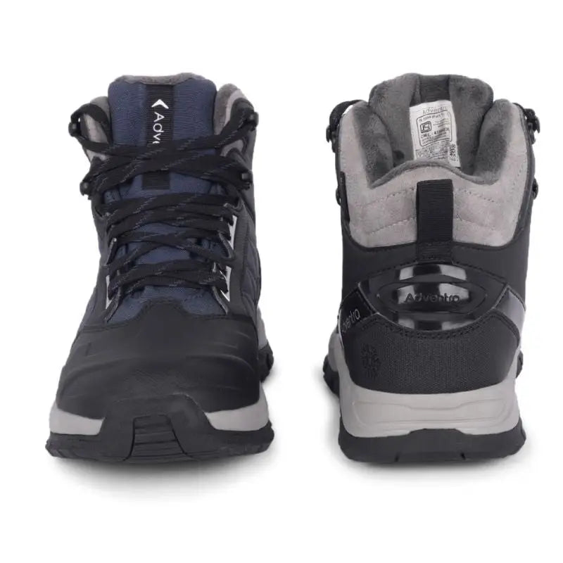 Blue Adventra men's waterproof hiking mid-ankle shoes with warm lining and rugged soles, suitable for outdoor trekking.