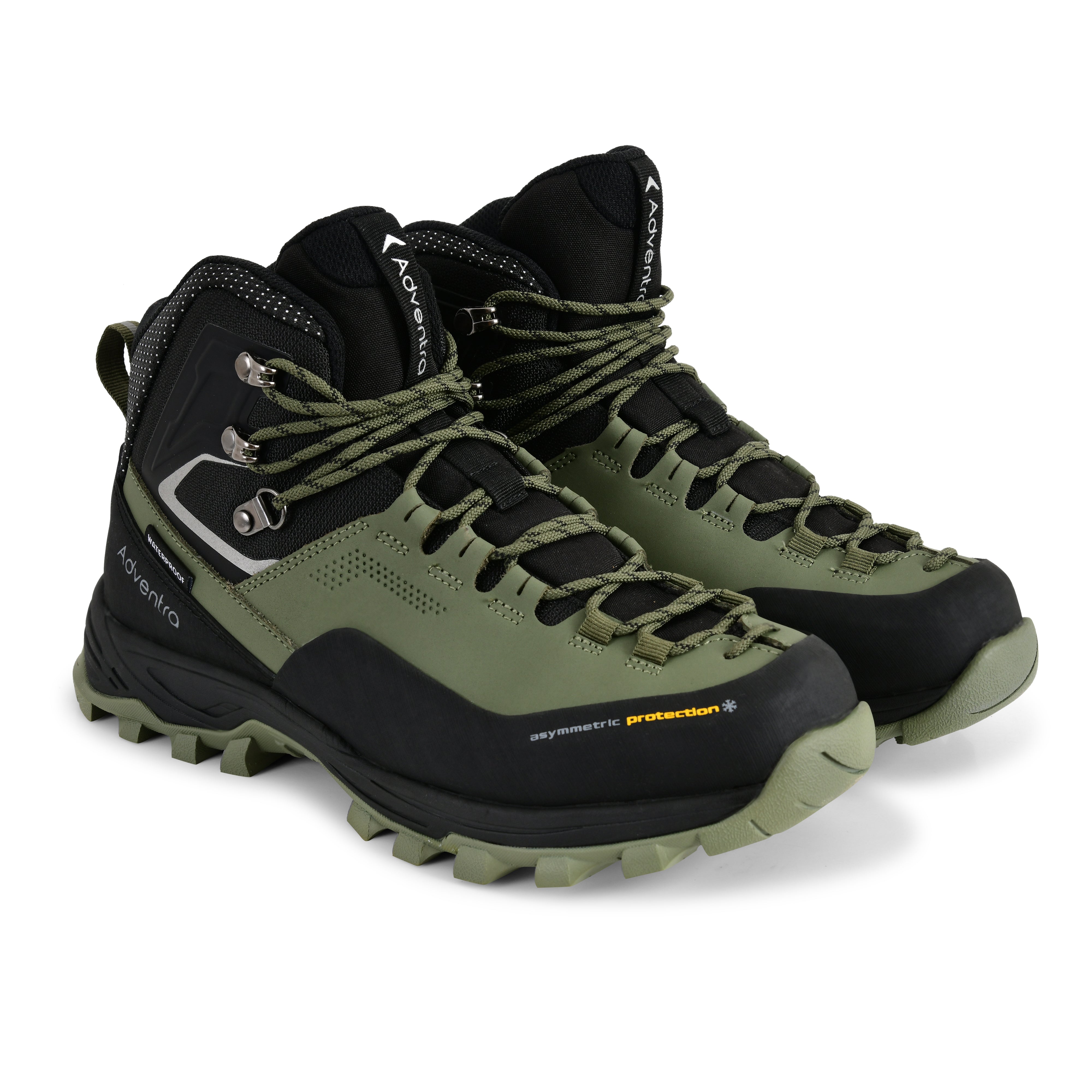 Adventra men's waterproof winter hiking mid-ankle shoes in green with rugged soles and padded ankle support.