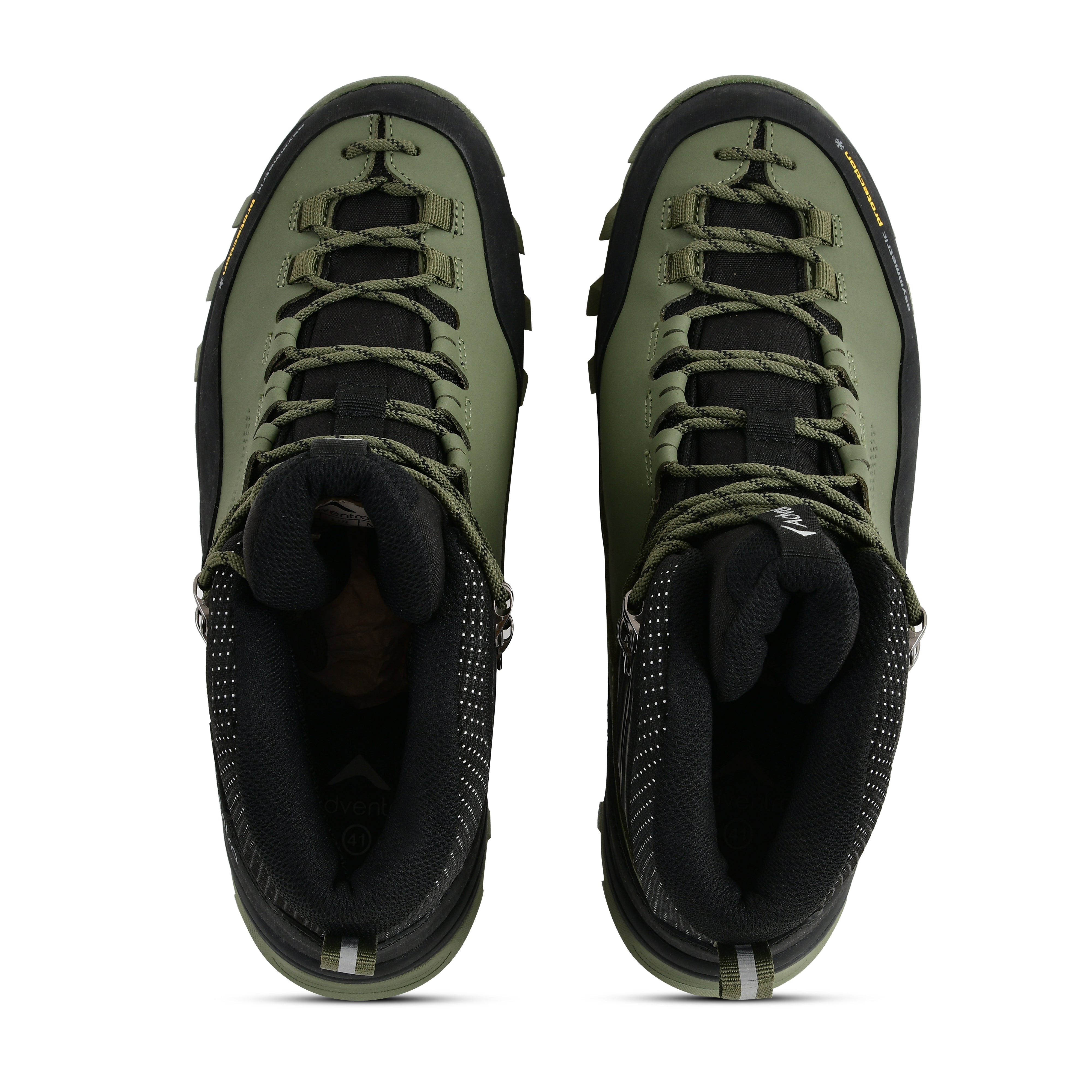 Adventra men's waterproof winter hiking mid-ankle shoes with green upper and rugged sole, designed for warmth and durability.