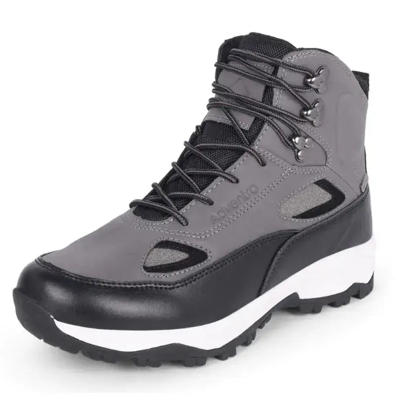 Adventra men's waterproof edge mid-high ankle trekking shoes in gray, designed for outdoor hiking and rugged terrain.