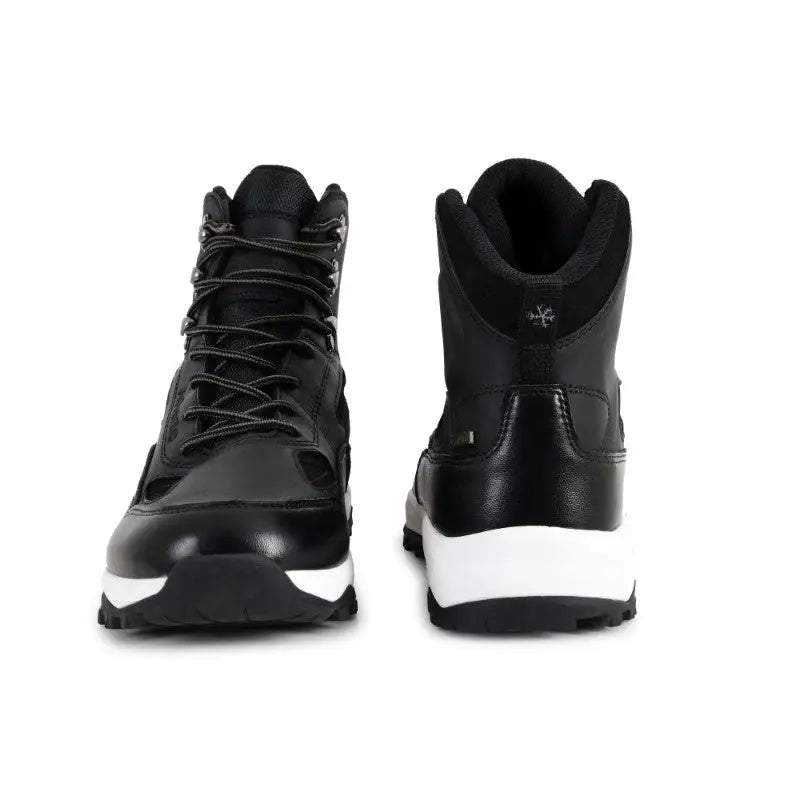 Black Adventra men's waterproof edge mid-high ankle trekking shoes, showing rugged sole and sturdy design for outdoor hiking.
