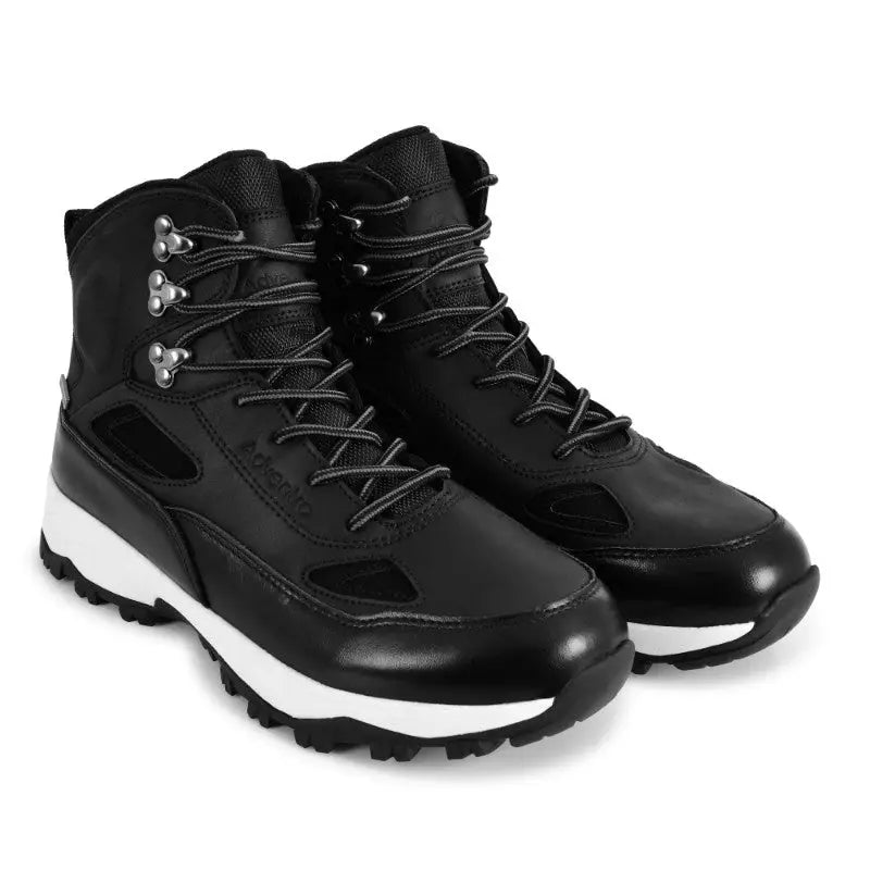 Black Adventra men's waterproof edge mid-high ankle trekking shoes with rugged soles and padded ankle support.