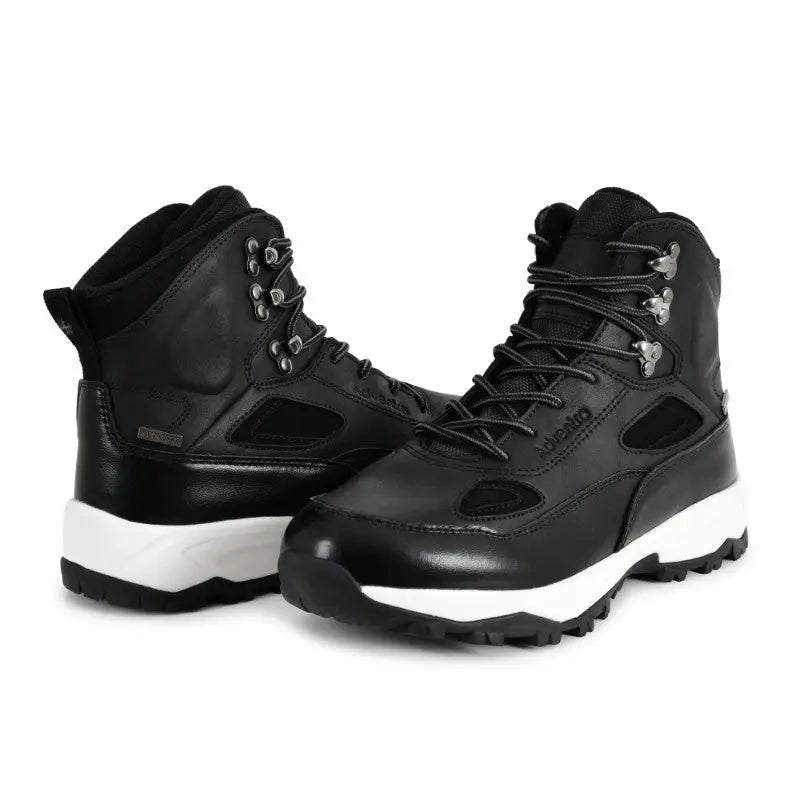 Black Adventra men's waterproof edge mid-high ankle trekking shoes with rugged soles and supportive design.