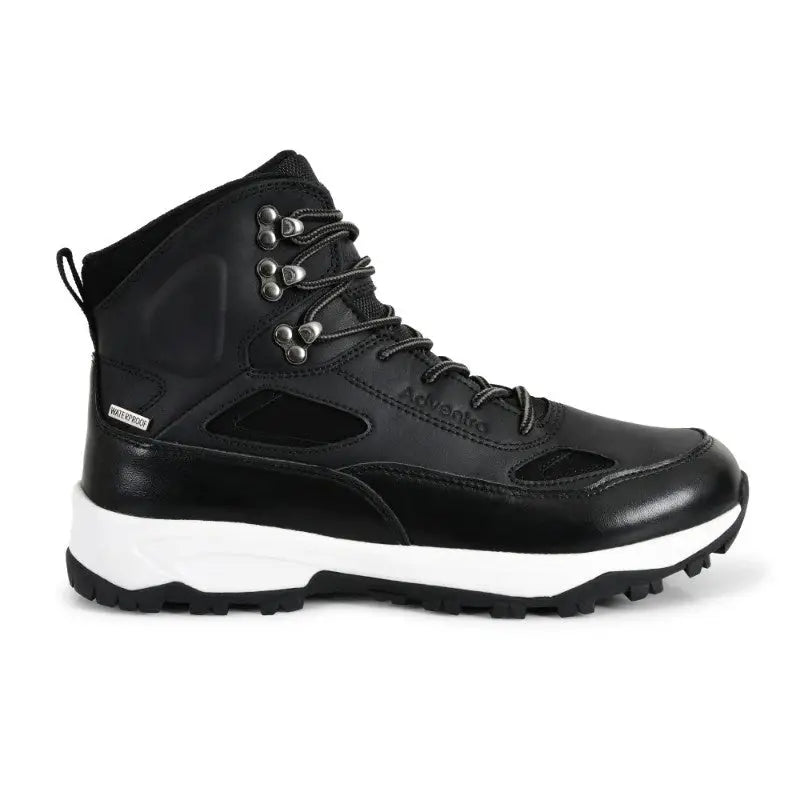 Black Adventra men's waterproof edge mid-high ankle trekking shoes with sturdy laces and rugged sole for outdoor hiking