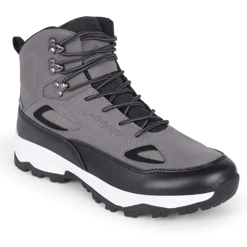 Adventra men's waterproof edge mid-high ankle trekking shoes in gray with rugged sole and supportive design for outdoor hiking.