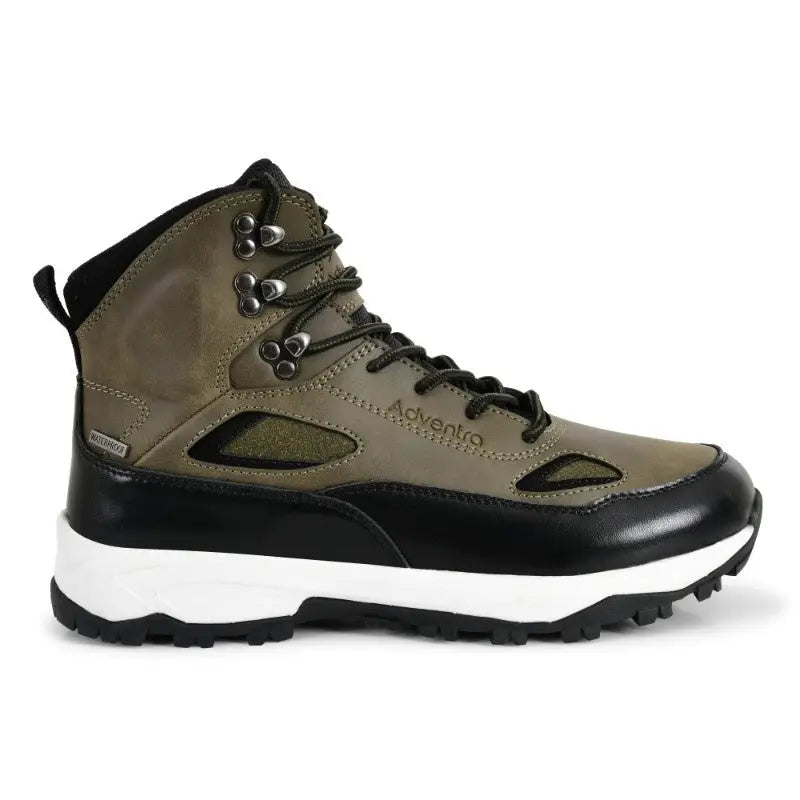 Adventra men's waterproof edge mid-high ankle trekking shoes in green, featuring rugged soles and supportive ankle design.