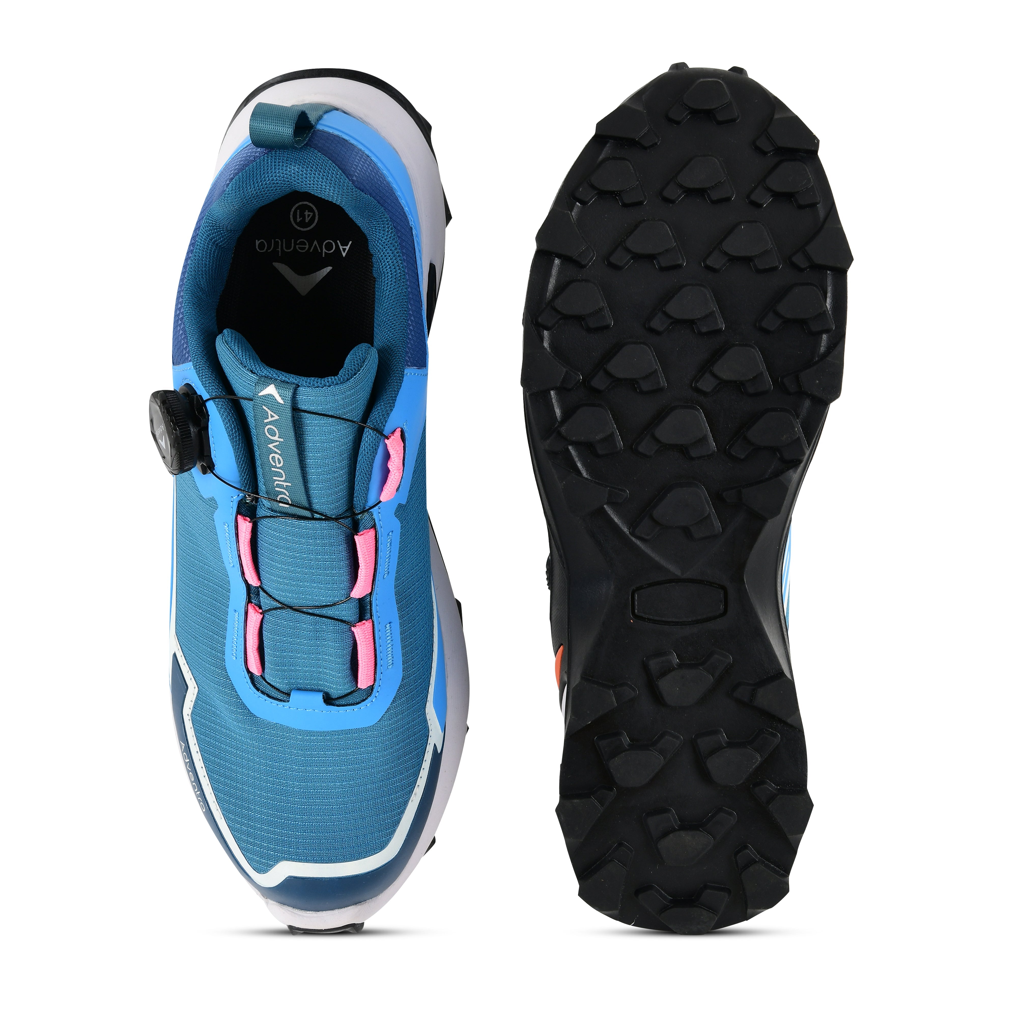 Blue Adventra men's waterproof hiking shoes with low ankle design and ultra grip sole, ideal for outdoor trekking and hiking.