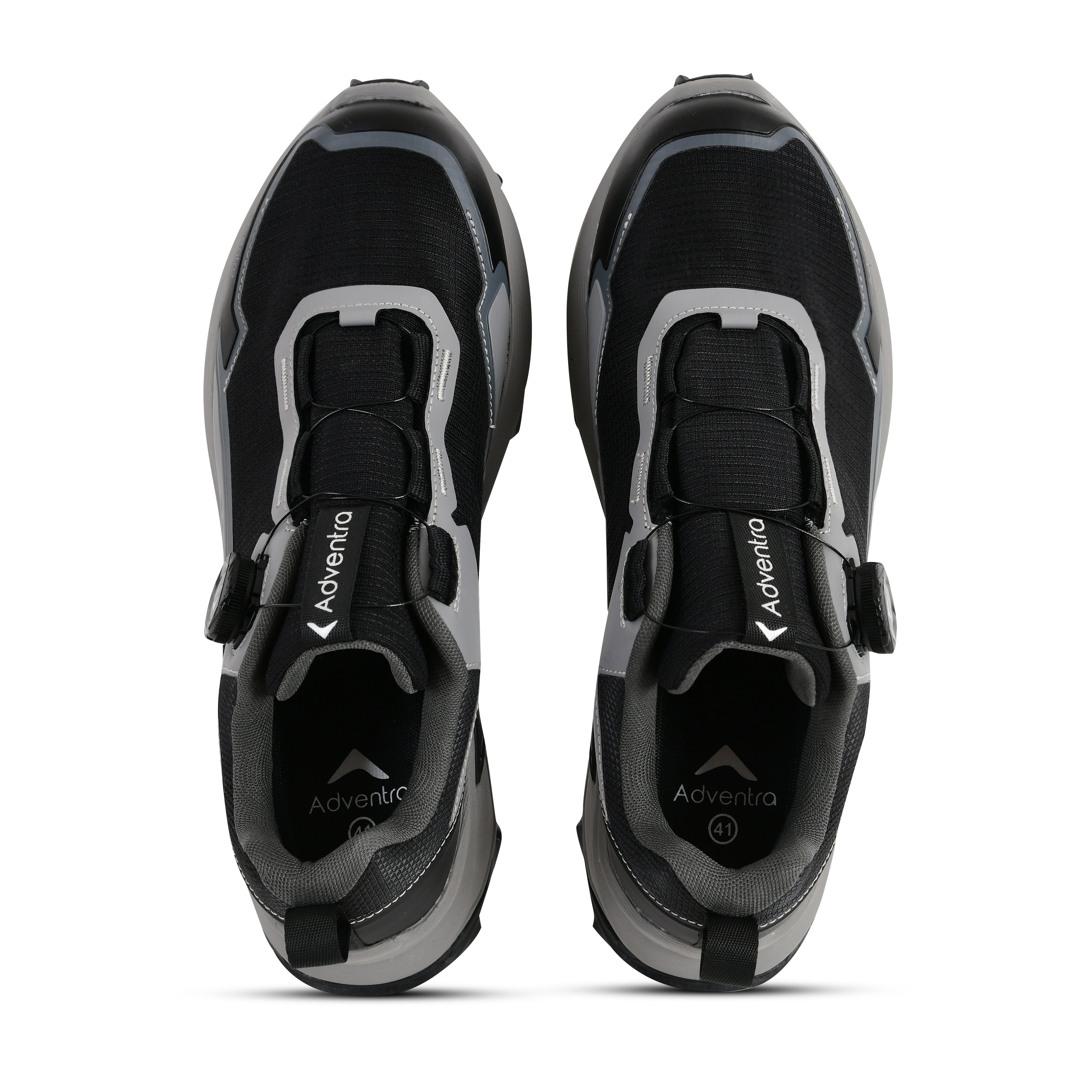 Black Adventra men's waterproof hiking shoes with low ankle design and ultra grip sole, ideal for outdoor trekking.