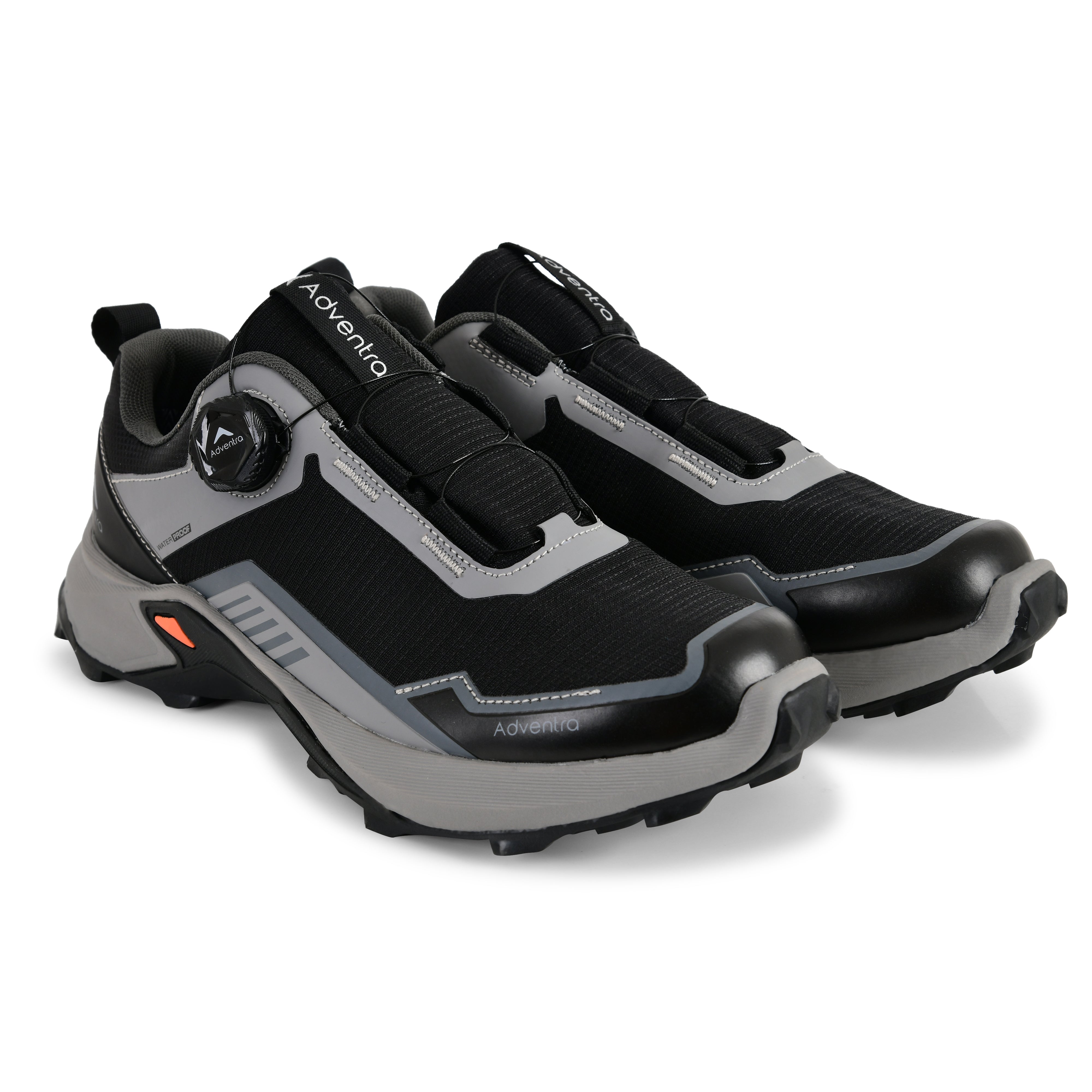 Adventra men's waterproof hiking shoes with low ankle design and ultra grip soles, black and gray outdoor footwear.