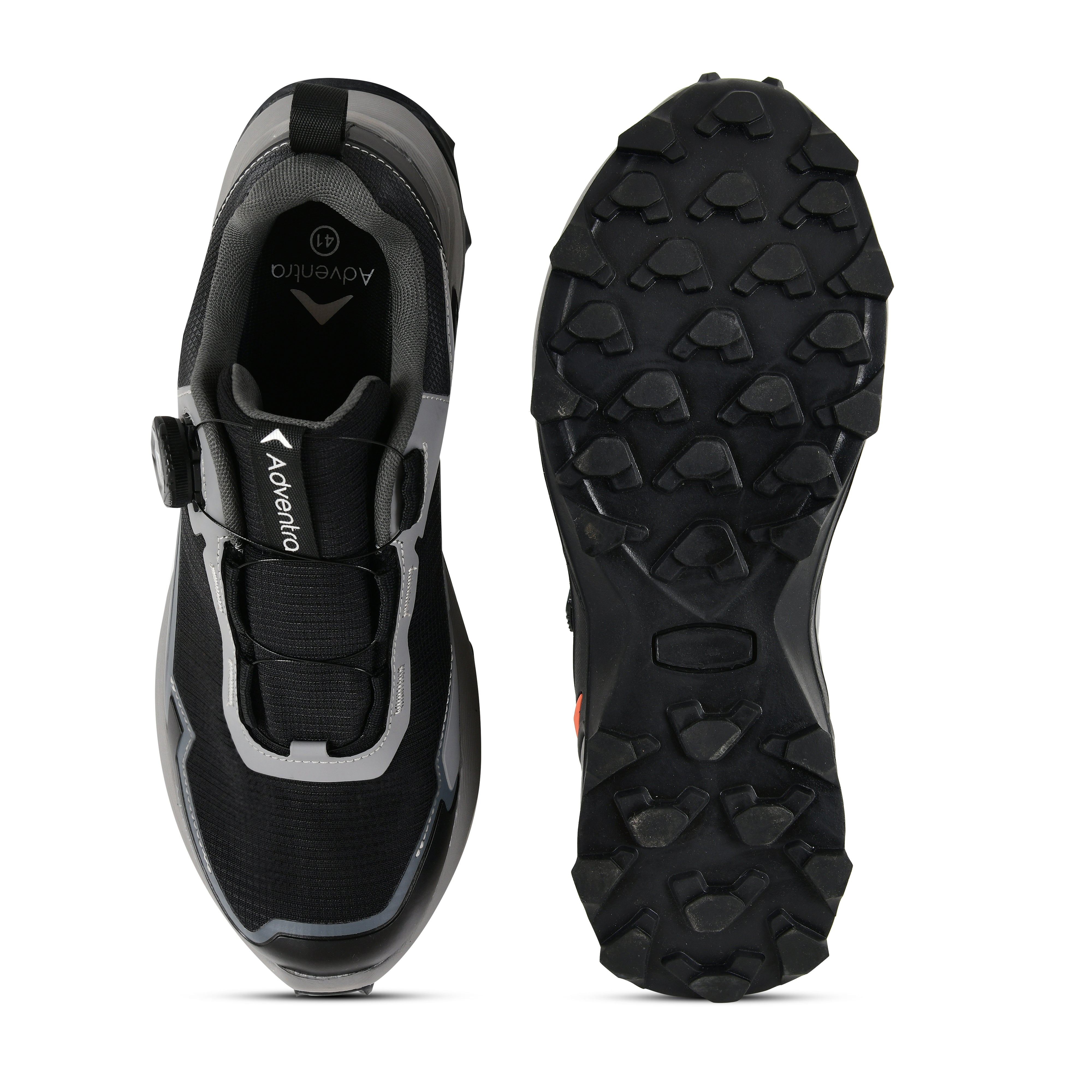 Adventra men's waterproof hiking shoes with low ankle design and ultra grip soles in black and gray, ideal for outdoor adventures.