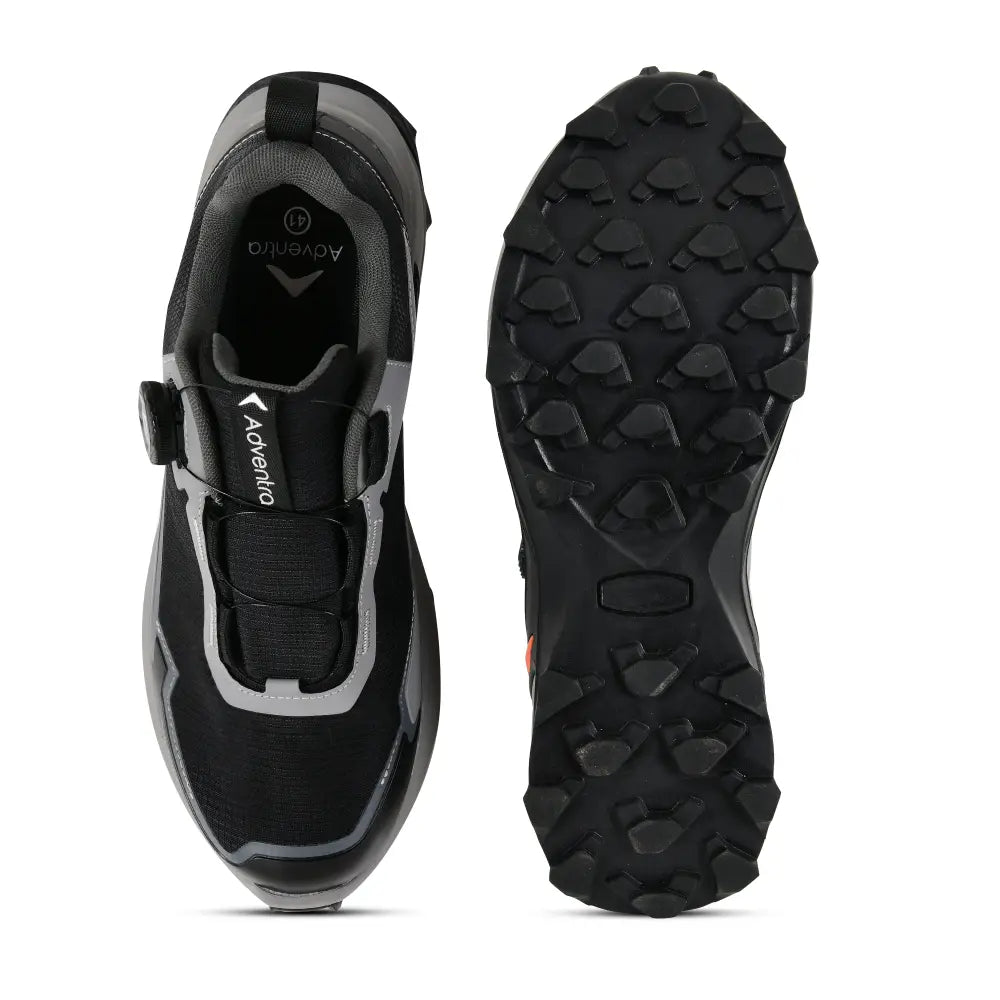 Adventra men's waterproof hiking shoes with low ankle design and ultra grip soles in black and gray, ideal for outdoor adventures.