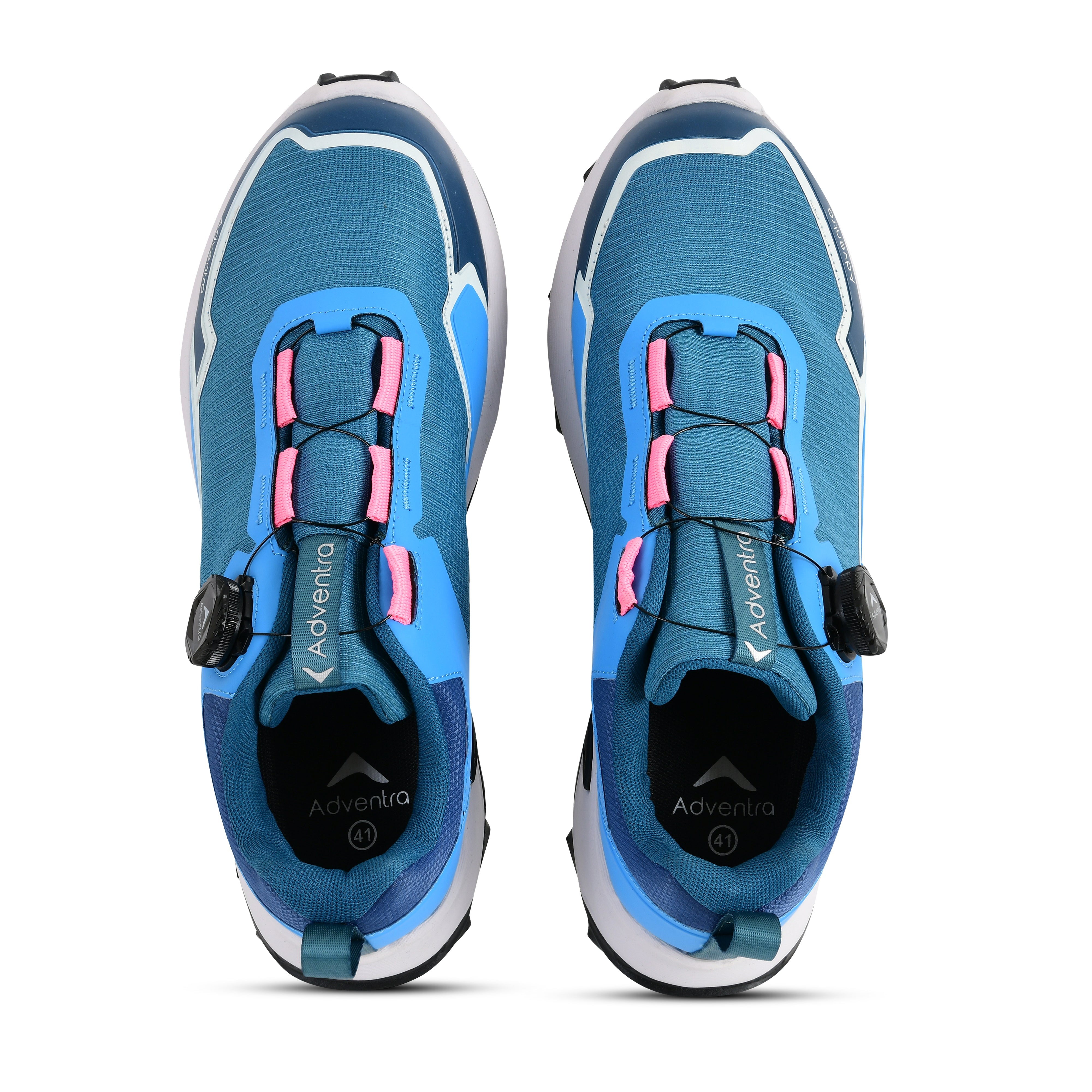 Adventra men's waterproof hiking shoes with low ankle design and ultra grip sole, shown in blue on a rugged outdoor trail.