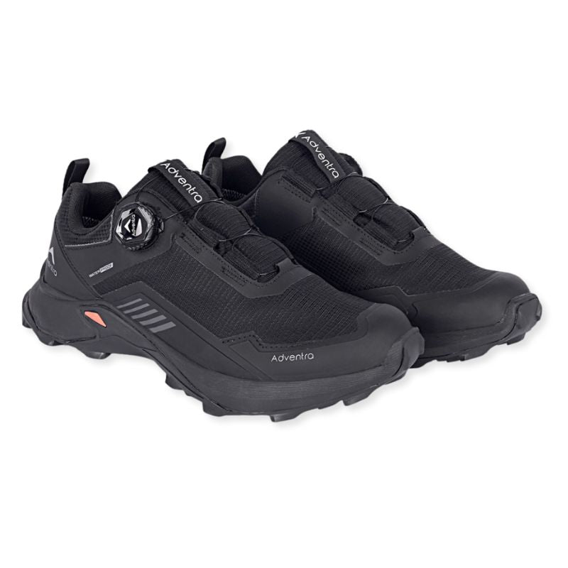 Black Adventra men's waterproof hiking shoes with low ankle design and ultra grip sole, ideal for outdoor trekking and hiking adventures.