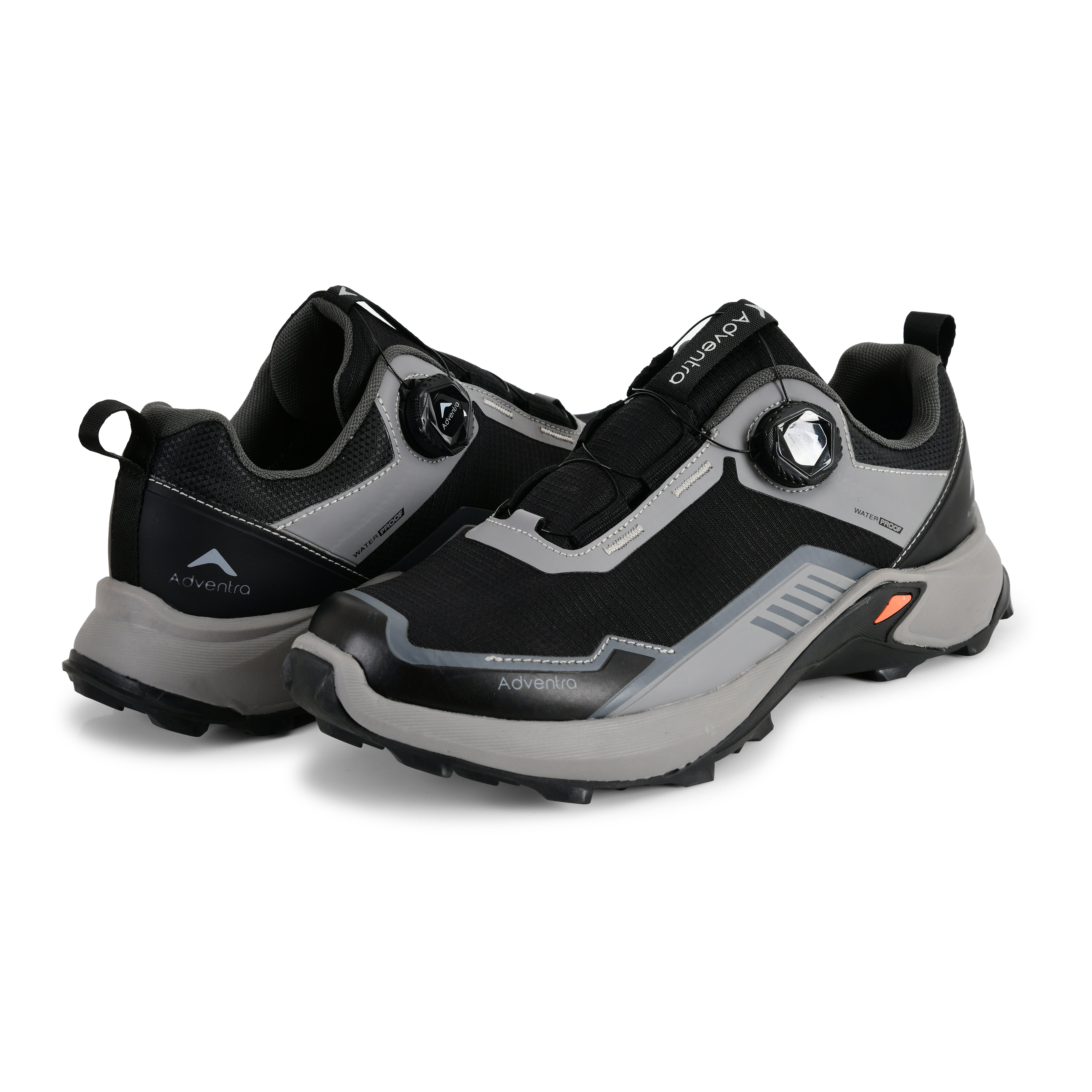 Adventura men's waterproof hiking shoes with low ankle design and ultra grip soles, shown in black and gray.