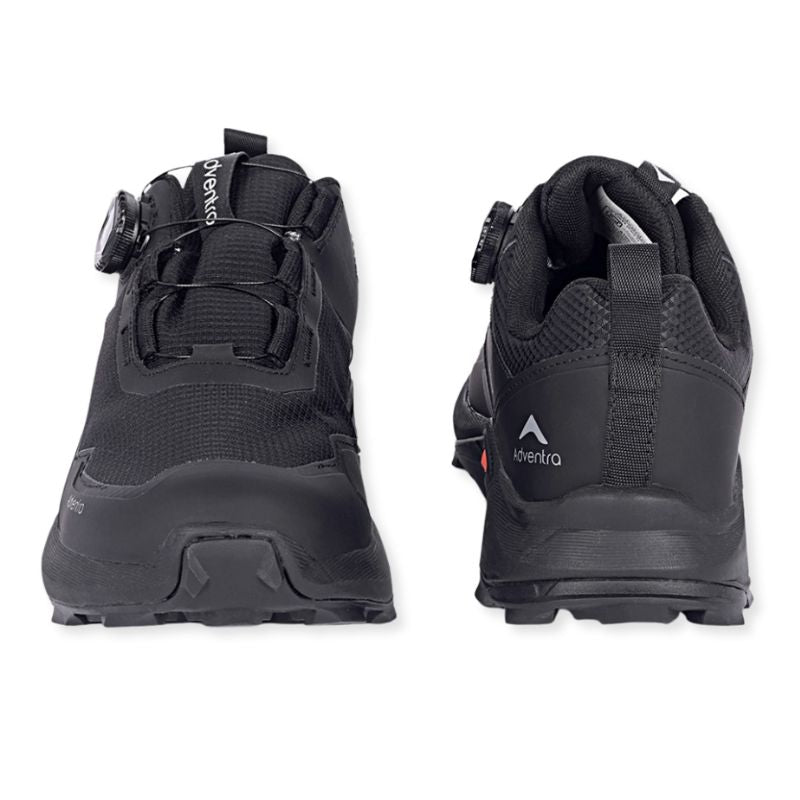 Adventra men's waterproof hiking shoes with low ankle design and ultra-grip sole, black color, suitable for outdoor adventures.