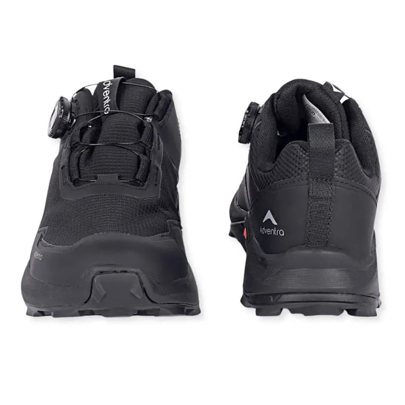 Adventra men's waterproof hiking shoes with low ankle design and ultra-grip sole, black color, suitable for outdoor adventures.