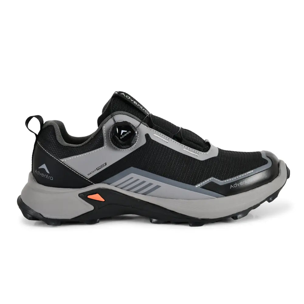 Adventra men's waterproof hiking shoes with low ankle design and ultra grip soles, in black and gray for outdoor trekking.