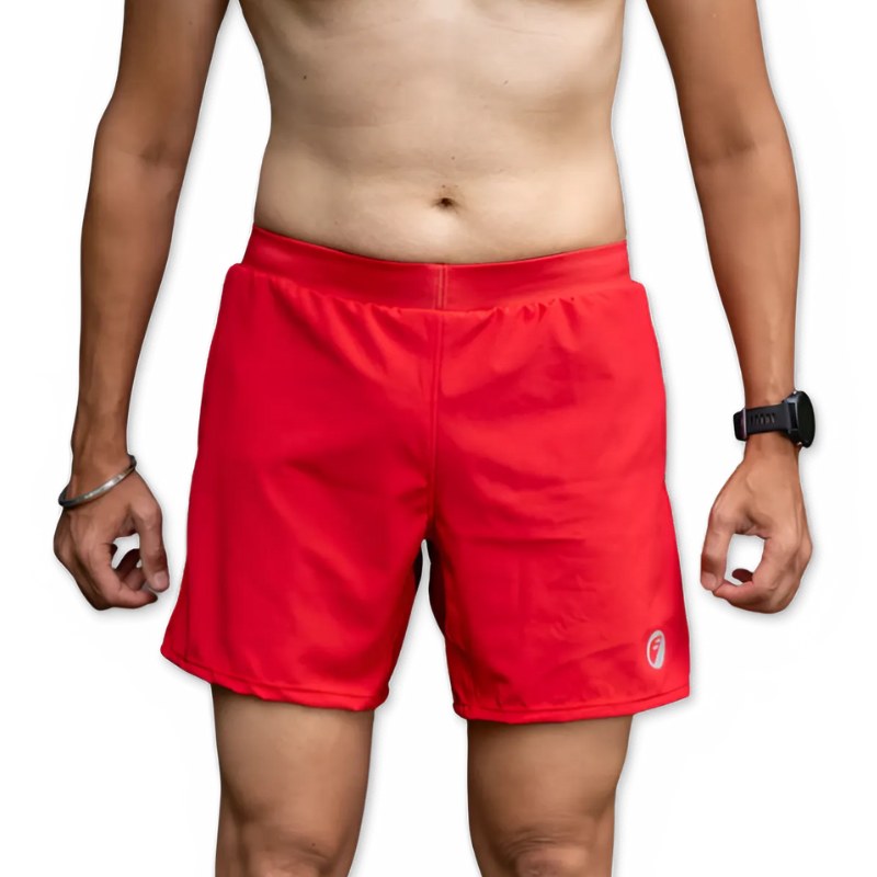 Apace men's 5-inch running shorts in black with white accents, lightweight athletic shorts with built-in pockets.