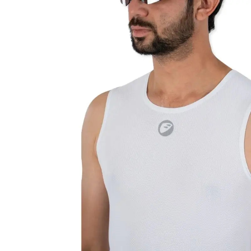 Apace men's cycling baselayer mesh cooling shirt in white, showing lightweight, breathable fabric designed for moisture management.