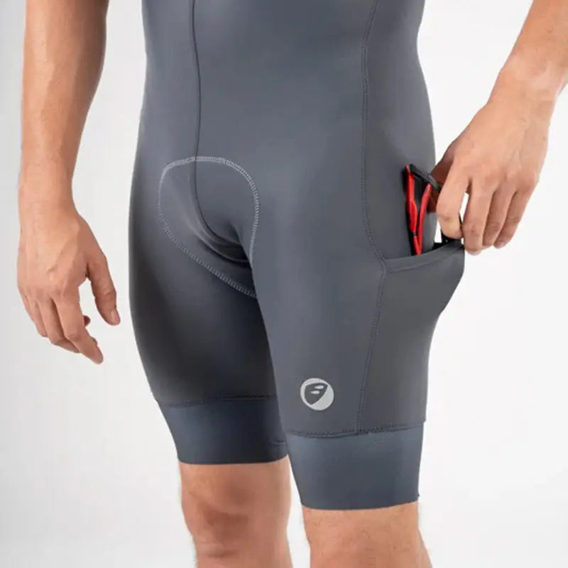Apace men's cycling endurance bib shorts in slate gray, featuring breathable fabric and padded chamois for comfortable riding.