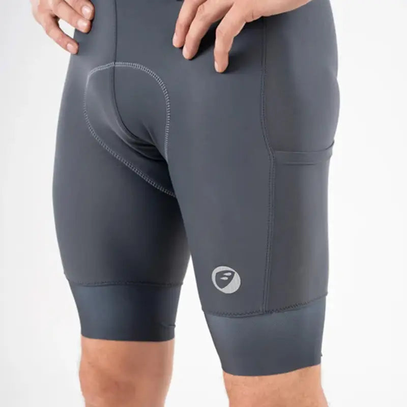 Apace men's cycling endurance bib shorts in slate gray, designed for comfort and performance during long rides.