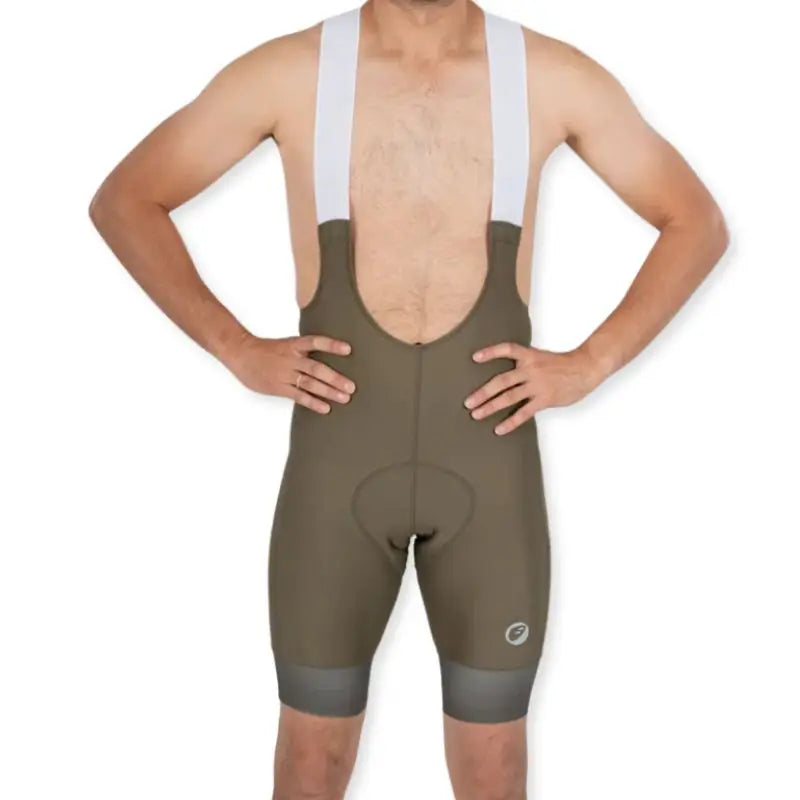 Apace men's cycling endurance bib shorts in moss green, featuring padded chamois and breathable fabric for comfortable riding.
