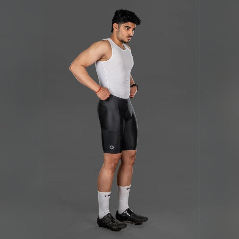 Apace men's cycling gel padded shorts in black, featuring a comfortable fit and padded design for bike riding.