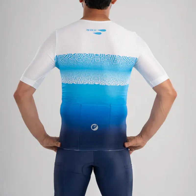 Apace men's cycling race fit jersey in white and blue, close-up view showing breathable fabric and sleek design.