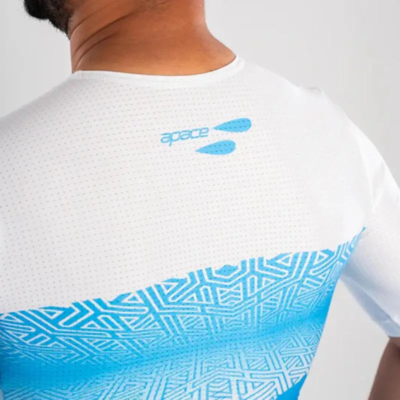 Apace men's cycling race fit jersey in white and blue, close-up showing lightweight fabric and fitted design for racing performance.