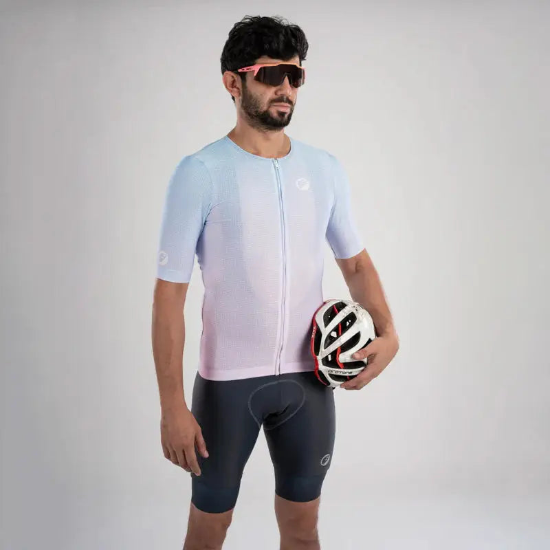 Apace men's cycling race fit jersey in sky blue with short sleeves, breathable fabric, and race fit design for performance.