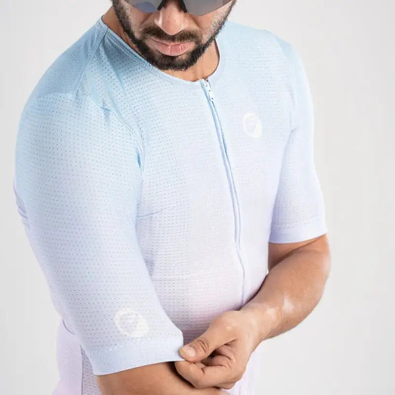 Apace men's cycling race fit jersey in sky blue with short sleeves, featuring a sleek aerodynamic design and branding.
