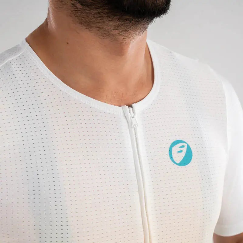 Apace men's cycling race fit jersey in navy with white accents, featuring a close-up view of the front fabric and zipper details.
