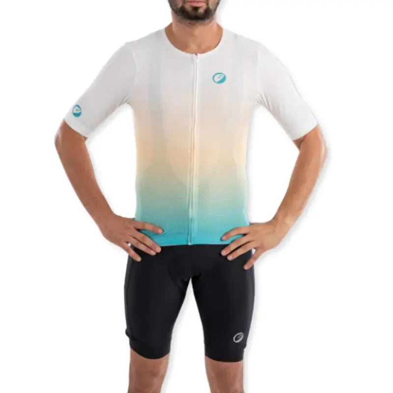 Apace men's cycling race fit jersey in black with red accents, featuring breathable fabric and short sleeves for performance riding.