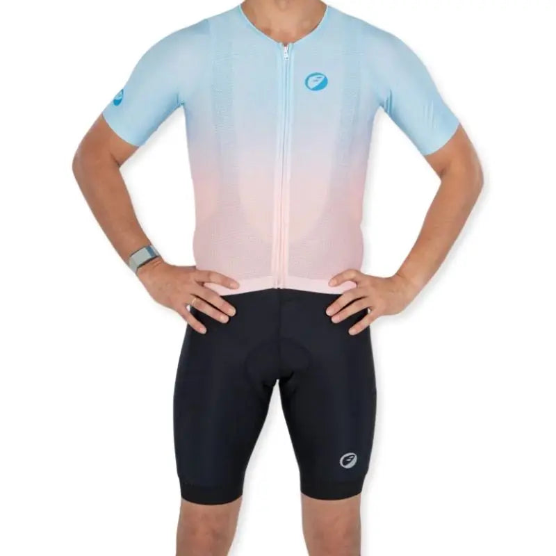 Apace Men's Elite Fit Cycling Jersey in blue with short sleeves, featuring a front zipper and branding detail.