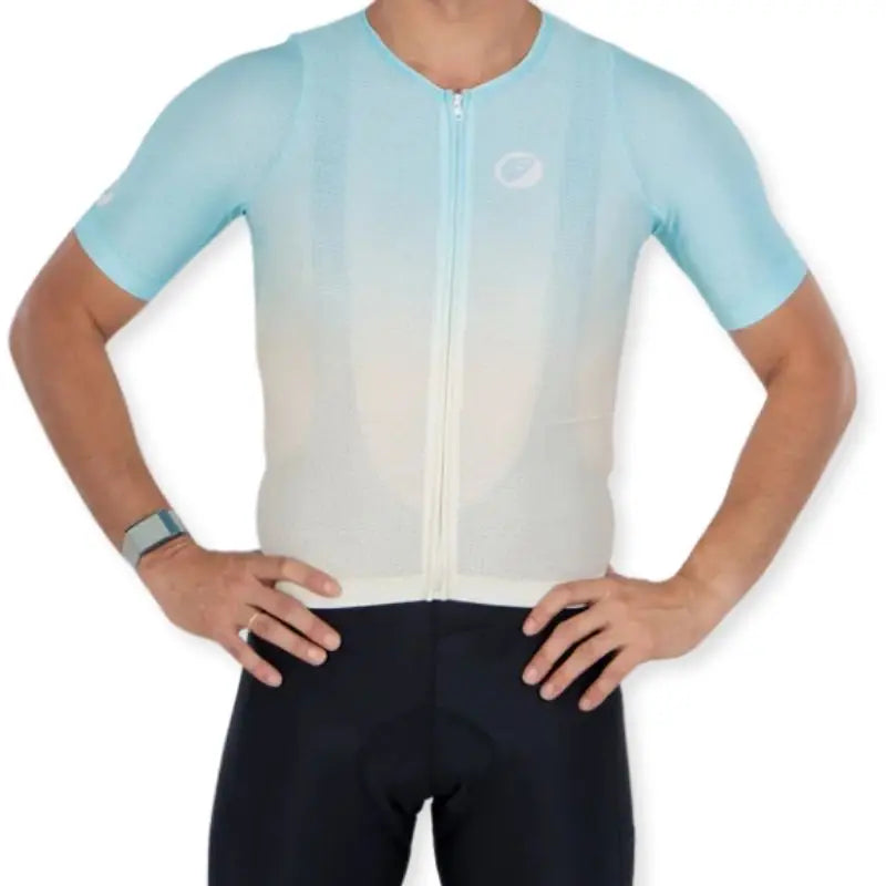 Apace Men's Elite Fit Cycling Jersey in gray with short sleeves, breathable fabric, and logo detail on the front.