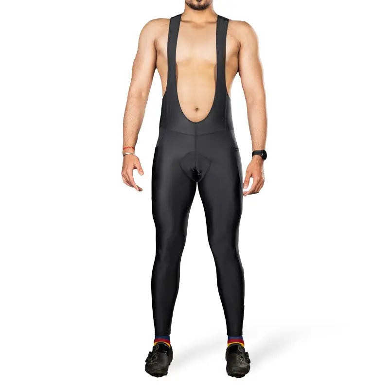 Apace men's gel padded cycling bib full tights shorts, close-up view showing breathable fabric and padded seat for cycling comfort.