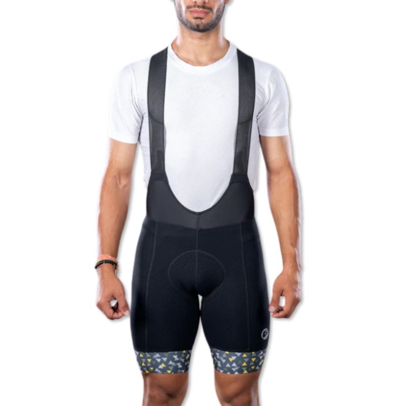 Apace men's premium cycling bib shorts, close-up view showing black breathable fabric and padded chamois for comfort.