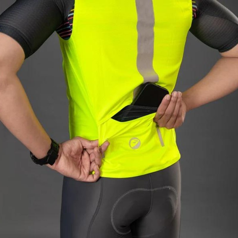 Apace men's neon sleeveless sports gilet shirt with a fitted design, shown in a front view with vibrant color details.