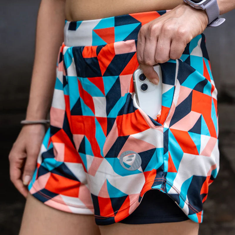 Apace Women's 3-inch running shorts in lightweight fabric, featuring a stylish Art Deco design and an elastic waistband.