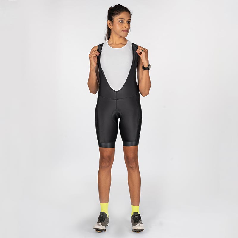Apace women's cycling bib shorts featuring a snug fit, breathable fabric, and adjustable straps for comfortable biking.