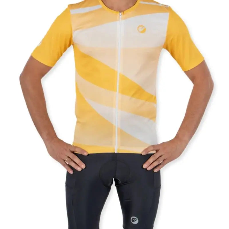 Yellow Apace women's relaxed fit cycling jersey with short sleeves and breathable fabric, displayed on a hanger.
