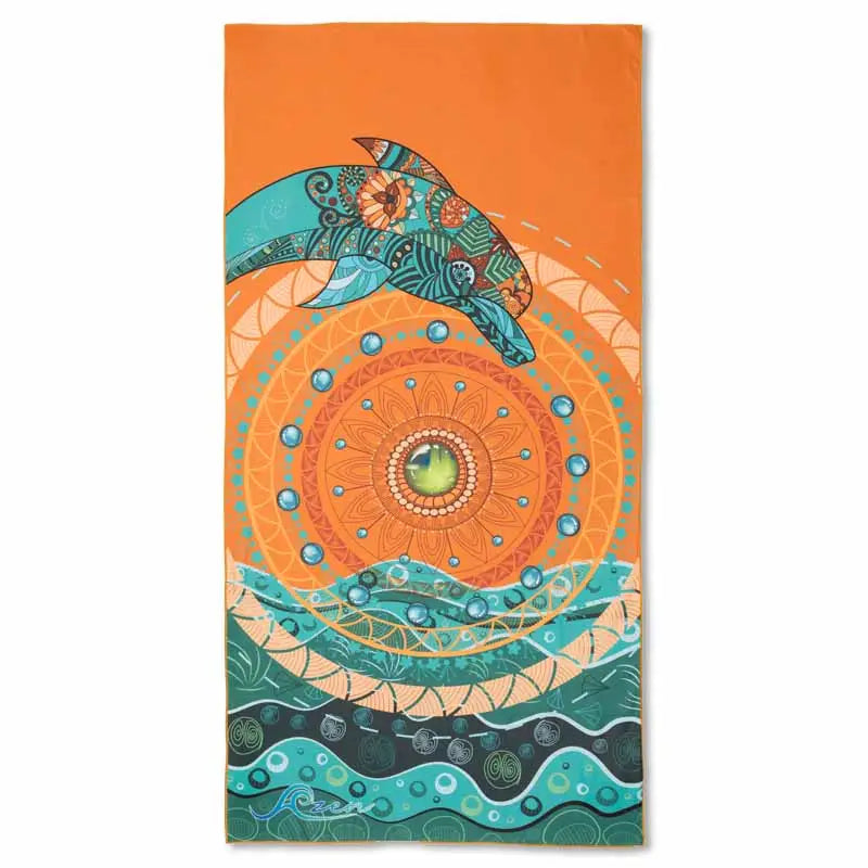 Azen unisex microfiber beach towel with colorful striped pattern laid flat on sandy shore.