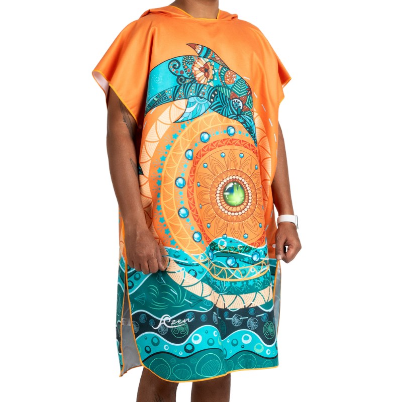 Azen unisex microfiber hooded beach towel with colorful striped pattern, suitable for drying off or lounging at the beach.