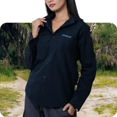 Black long-sleeved button-up shirt with a collar and subtle embroidered logo on the left chest.