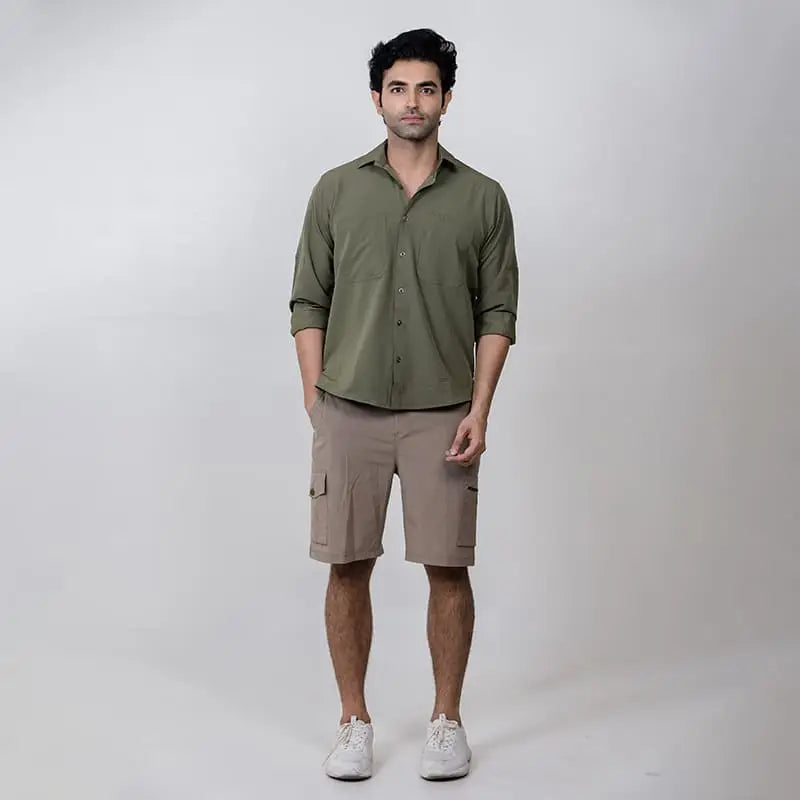 Clawear men's Mara cargo shorts in khaki, featuring multiple pockets and a relaxed fit, ideal for casual outdoor wear.